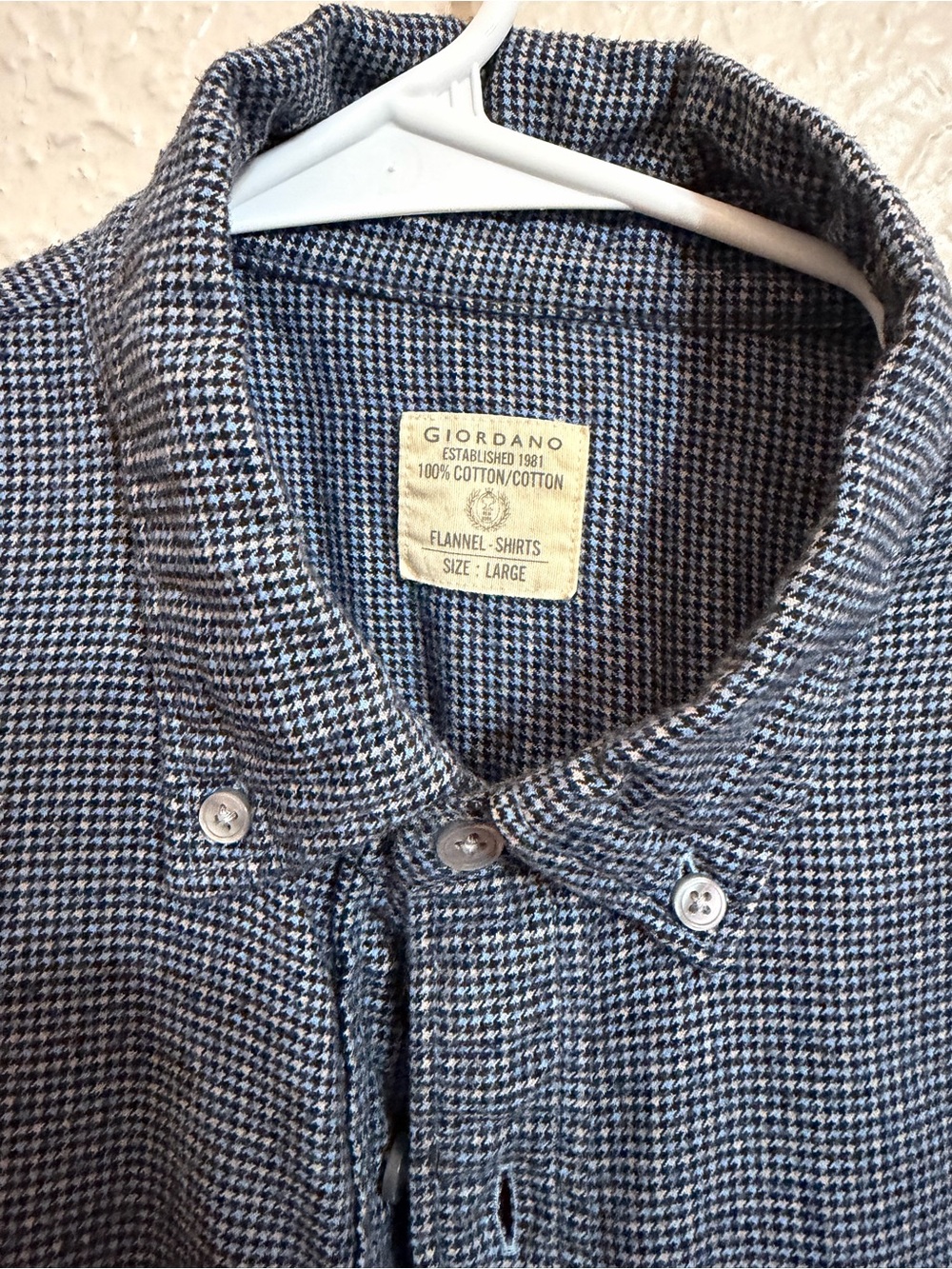 Giordano Blue Houndstooth Cotton Flannel Button-Down Shirt - Large